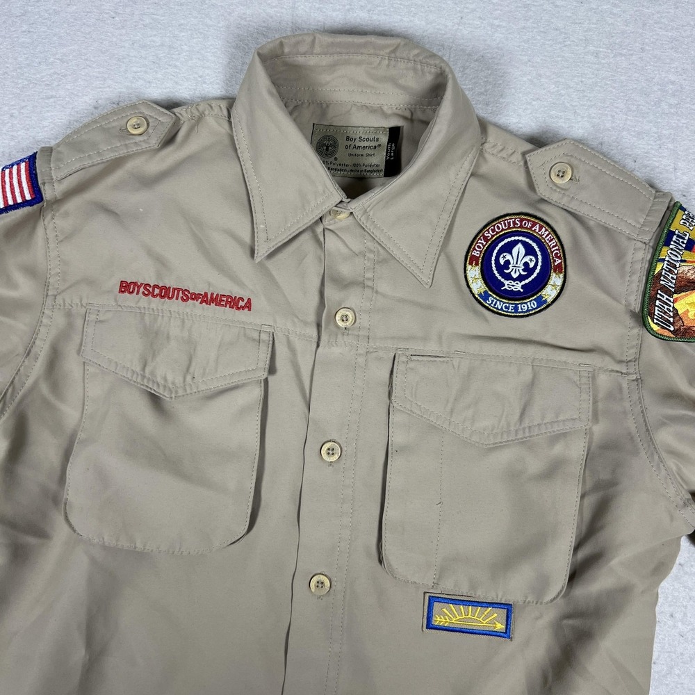 Boy Scouts Of America Vented Shirt Youth L Beige Uniform Short Sleeve Patches‎